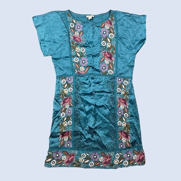 Sundance Boho Blue Teal Floral Embroidered Silky Short Cupro Dress Petite Small - Picture 1 of 7